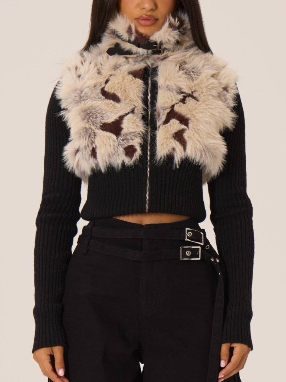 Black Casual Women's Faux Fur High Neck Buckled Detail Knitted Zip Sweater